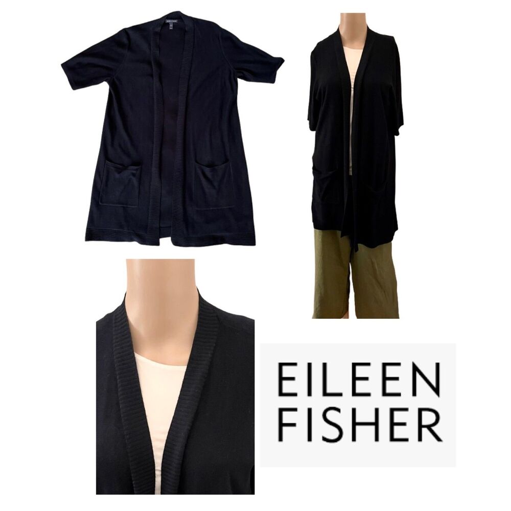 SZ M EILEEN FISHER Black Longer Open Front Cardigan w Pockets Short Sleeves